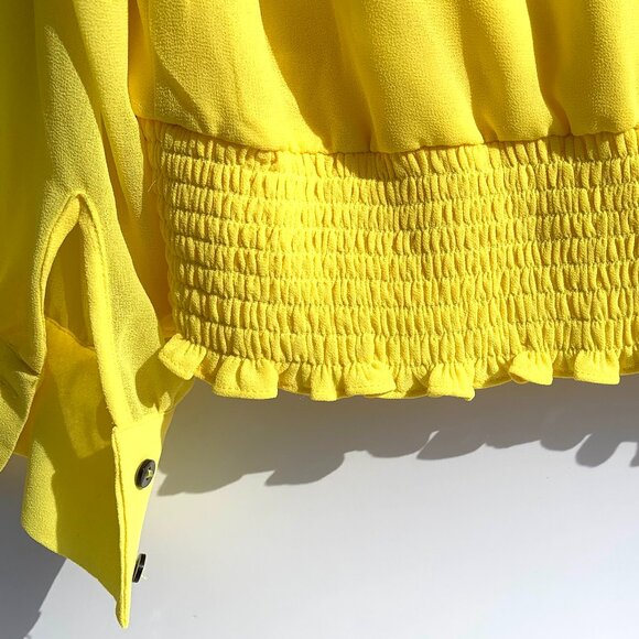Women’s 1. STATE Yellow Long Sleeve V-Neck Blouse, Smocked Waist, Size M - Picture 6 of 8